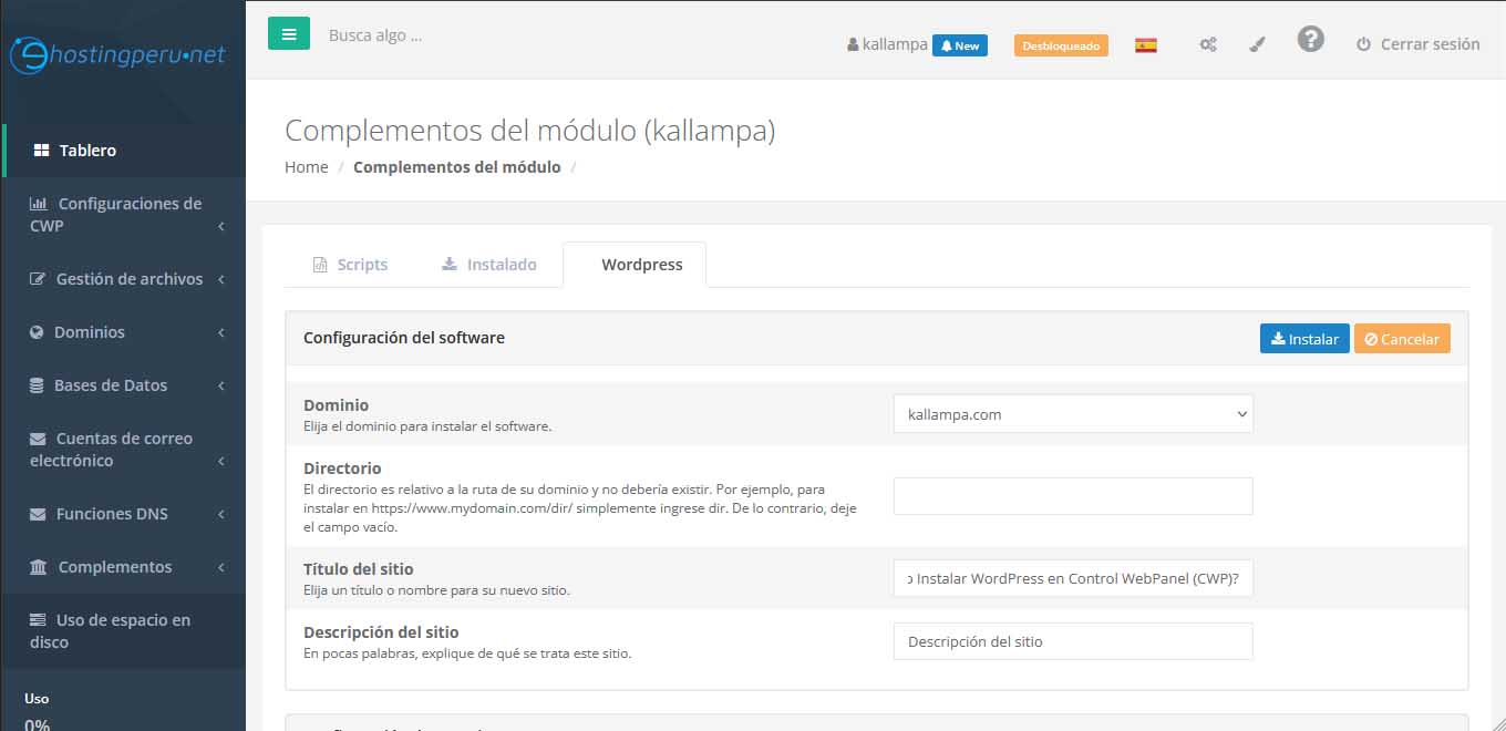 ¿Cómo Instalar WordPress en Control WebPanel (CWP)?